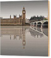 Houses Of Parliament Westminster Bridge Reflections London Sepia Wood Print
