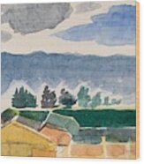 Houses, Trees, Mountains, Clouds Wood Print