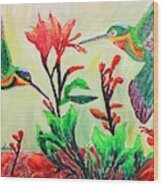 Hummingbirds And Canna Lilies Wood Print