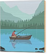 Illustration Of Man Fishing In Lake Wood Print