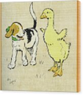 Illustration Of Puppy And Gosling Wood Print