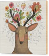 Incredible Deer With Awesome Flowers Wood Print