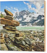 Inukshuk On The Shore, Icy Lake, Canada Wood Print