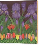 Irises And Tulips Wood Print
