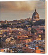 Italy, Latium, Roma District, Seven Hills Of Rome, Vatican City, Rome, St Peter's Basilica, Panorama Over The City At Sunset With The Dome Of St Peter Wood Print