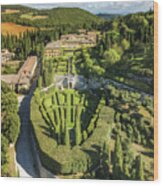 Italy, Tuscany, Siena District, Val Di Chiana, Chianciano Terme, Villa La Foce, Aerial View By Drone Wood Print