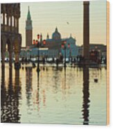 Italy, Veneto, Venezia District, Venetian Lagoon, Adriatic Coast, Venice, St Mark's Square, Doge's Palace, High Tide And San Giorgio Maggiore Island Wood Print