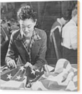 Japaneses Woman Sewing American Flag Wood Print