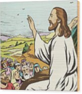 Jesus Preaching To People Wood Print