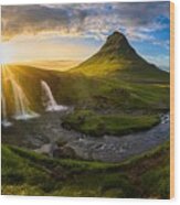 Kirkjufell At Midnight Sunset Wood Print