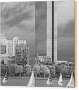 Lean Into It- Sailboats By The Hancock On The Charles River Boston Ma Black And White Wood Print