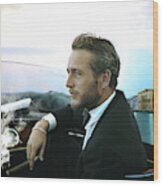 Life Is A Journey, Paul Newman, Movie Star, Cruising Venice, Enjoying A Cuban Cigar Wood Print