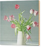 Light Pink Tulips In White Ceramic Wood Print