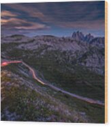 Light Tracks On A Pass Road In The Dolomites Wood Print