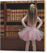 Little Girl In Tutu Reading Book Covers Wood Print