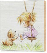 Little Girl On Swing With Dog Wood Print