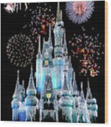 Magic Kingdom Castle In Frosty Light Blue With Fireworks 06 Wood Print