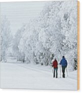 Man And Woman Walking In A Winter Wood Print