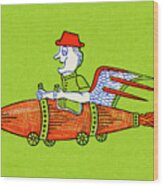 Man Driving A Rocket Wood Print