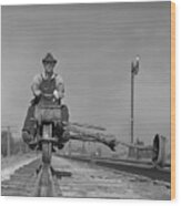Man Driving Railroad Trackmans Handcar Wood Print