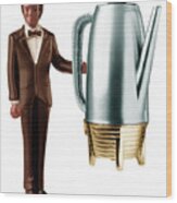 Man Holding Giant Coffee Percolator Wood Print