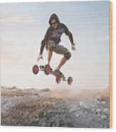Man Jumping On Landboard At Sunrise Wood Print
