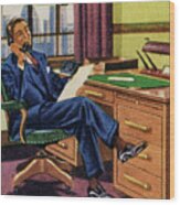 Man On The Phone At His Desk Wood Print
