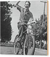 Man Riding Bicycle, Waving, B&w Wood Print