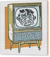 Man With Split Head On Television Wood Print