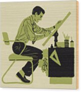 Man Working At Draftsmen Table Wood Print