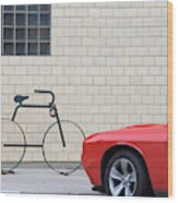 Maybe Bike And Red Car Wood Print