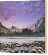 Snowy Winter Sunset With Half Dome And Yosemite Valley Wood Print