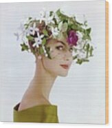 Model In A Veiled Hat With Flowers Wood Print