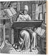 Monk At Work On A Manuscript Wood Print