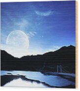Moon Over Lake Wood Print