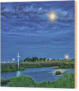 Moon Over The Marsh Cross Wood Print