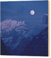 Moon Over The Valley And Half Dome Wood Print