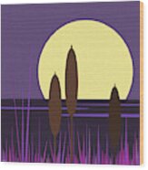Moonlit - Purple Cattails Wood Print