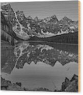 Moraine Lake Dawn Pink Peaks Black And White Wood Print