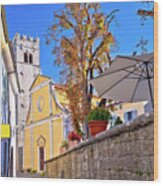 Motovun. Old Cobbled Street And Church In Historic Town Of Motov Wood Print
