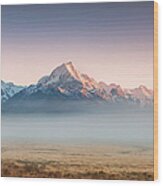 Mt Cook Emerging From Mist At Dawn, New Wood Print