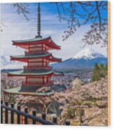 Mt. Fuji, Japan And Pagoda Wood Print