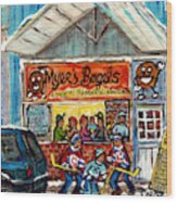 Myer's Bagel Cafe Burlington Vermont Bakery Painting Hockey Art Winter Scene C Spandau Resto Artist Wood Print