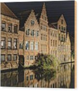 Nighttime Reflections In Ghent Wood Print