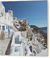 Oia Hillside Village Santorini Blue Sky Wood Print