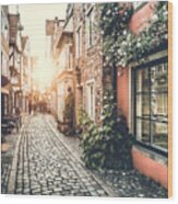 Old Town In Europe At Sunset With Retro Wood Print
