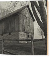 Old Weathered Barn And Wooden Fence B&w Wood Print