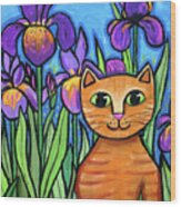 Orange Tabby Cat Irises Flowers Wood Print
