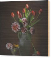 Orange Tulips And Dahlia Wood Print