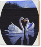 Oval Kissing Swans Wood Print